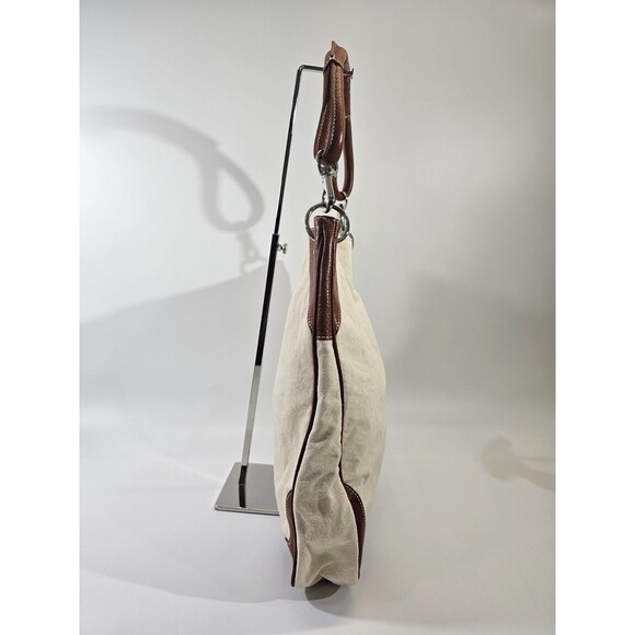 VINTAGE Lands' End XL Off-White Saddle Tote Shoulder Bag Leather Canvas Purse - Picture 5 of 11